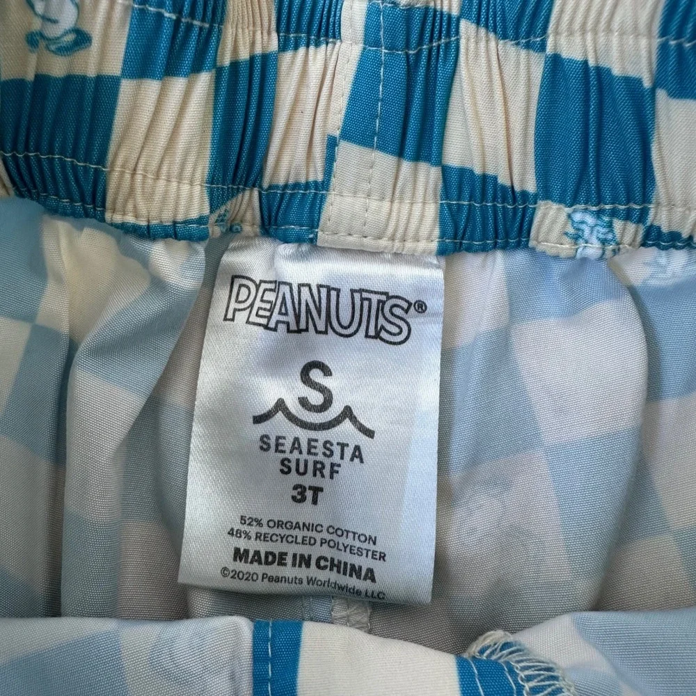 Seaesta Surf Peanuts Snoopy Skateboard Checkered Board Shorts Teal Cream Kids 3T